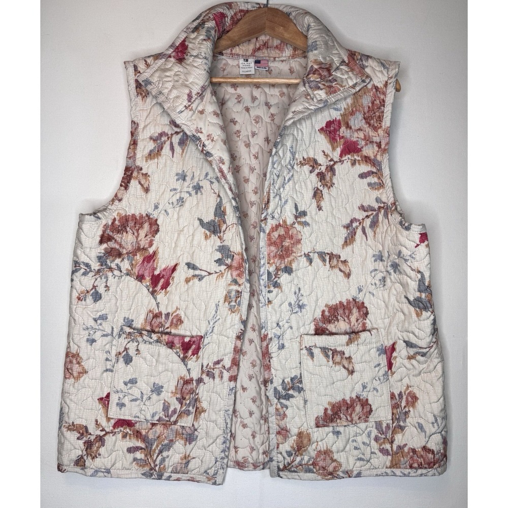 Ida Mae Home Quilted Floral Vest USA Made Size XL cream Grandmacore Open Front